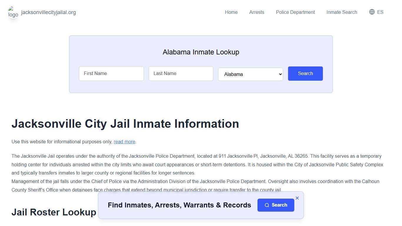 Jacksonville Jail, AL Inmate Roster, Municipal Jail Info